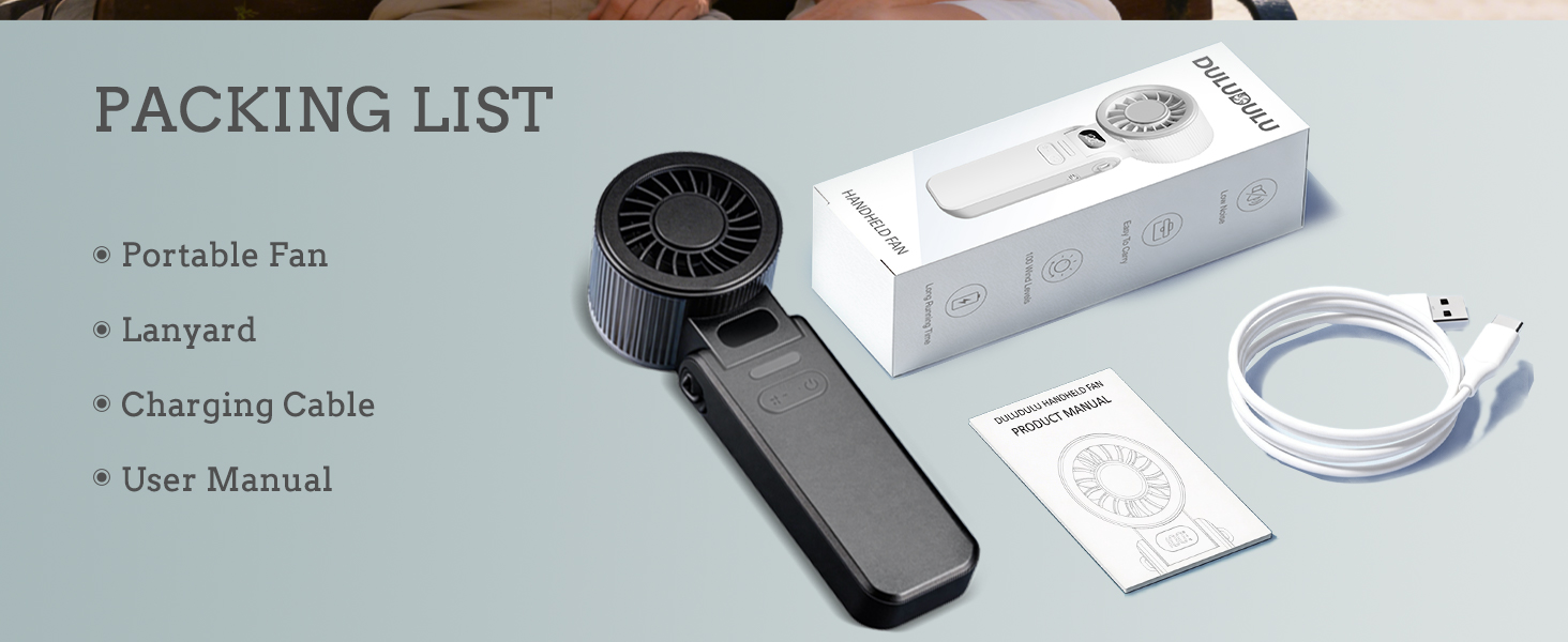 Text reads 'PACKING LIST' with bullet points listing: Portable Fan, User Manual, Hose, Hose Manual. Items shown include black sprinkler head, rolled hose, and instruction manuals on white background.