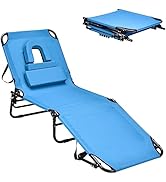 Goplus Tanning Chair, Folding Beach Lounge Chair w/Face Hole, 350LBS Capacity, Removable Pillow, ...