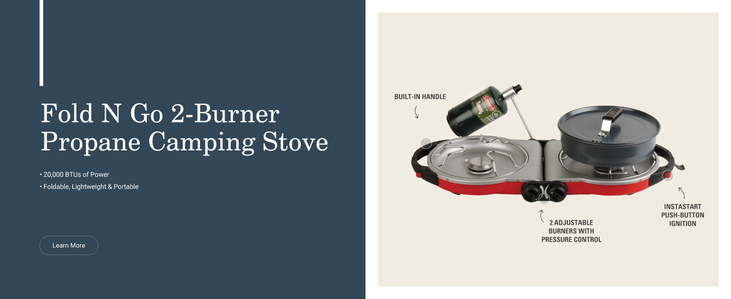 coleman fold n go two burner propane camping stove foldable lightweight portable handle adjustable