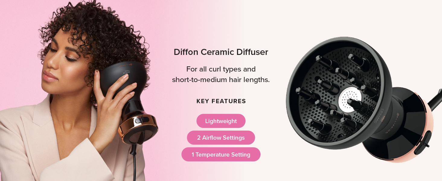 Diffon Ceramic Diffuser For all curl types and short-to-medium hair lengths.