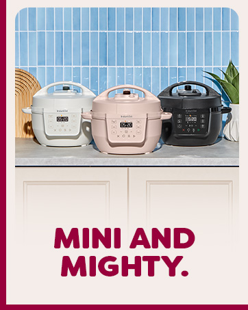 Instant Pot RIO mini in sea salt, rosewater, and black on a countertop with a blue backsplash