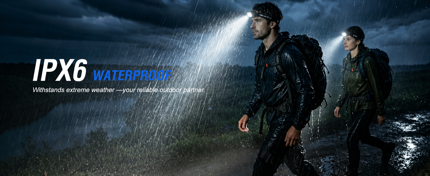 The head lamp boasts an IPX6 waterproof rating, ensuring safe use in harsh weather like rain, snow.