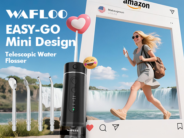 Text reads 'WAFLOO EASY-GO Mini Design' with 'Telescopic Water' below. Shows social media post interface with product image.