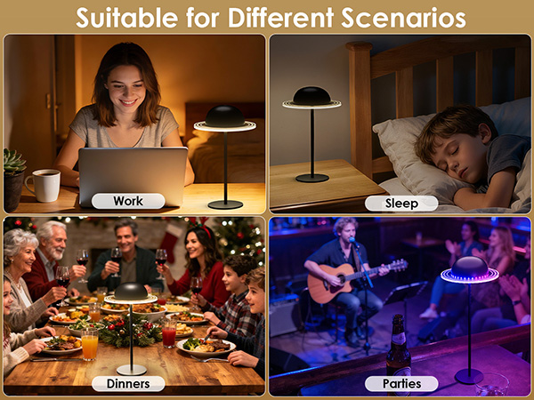 Text reads: 'Suitable for Different Scenarios', 'Work', 'Sleep', 'Dinner', 'Parties'. Multiple scenes showing various social situations and activities.