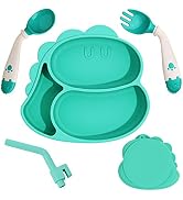 Deejoy Baby Plates with Suction, Toddler Spoon Fork and Removable Straw for Self Feeding, 100% Si...