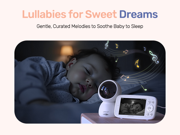 Text reads: 'Lullabies for Sweet Dreams' and 'Gentle, Curated Melodies to Soothe Baby to Sleep'. Baby monitor display showing sleeping infant with floating musical notes graphic overlay.