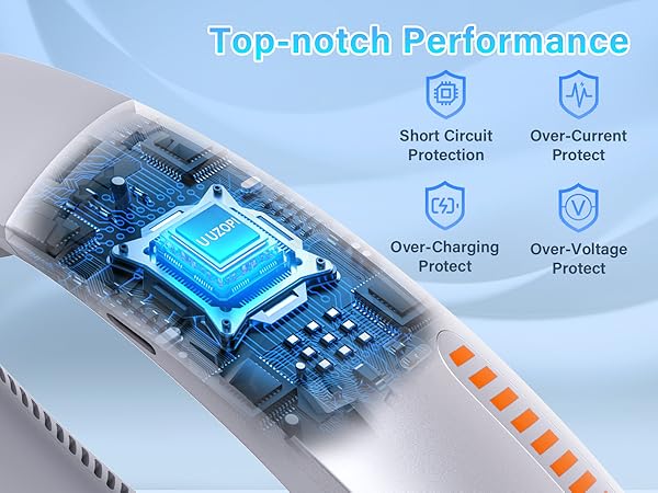 Circuit board diagram showing protection features including short circuit, over-current, over-charging, and over-voltage protection with blue illuminated chip.