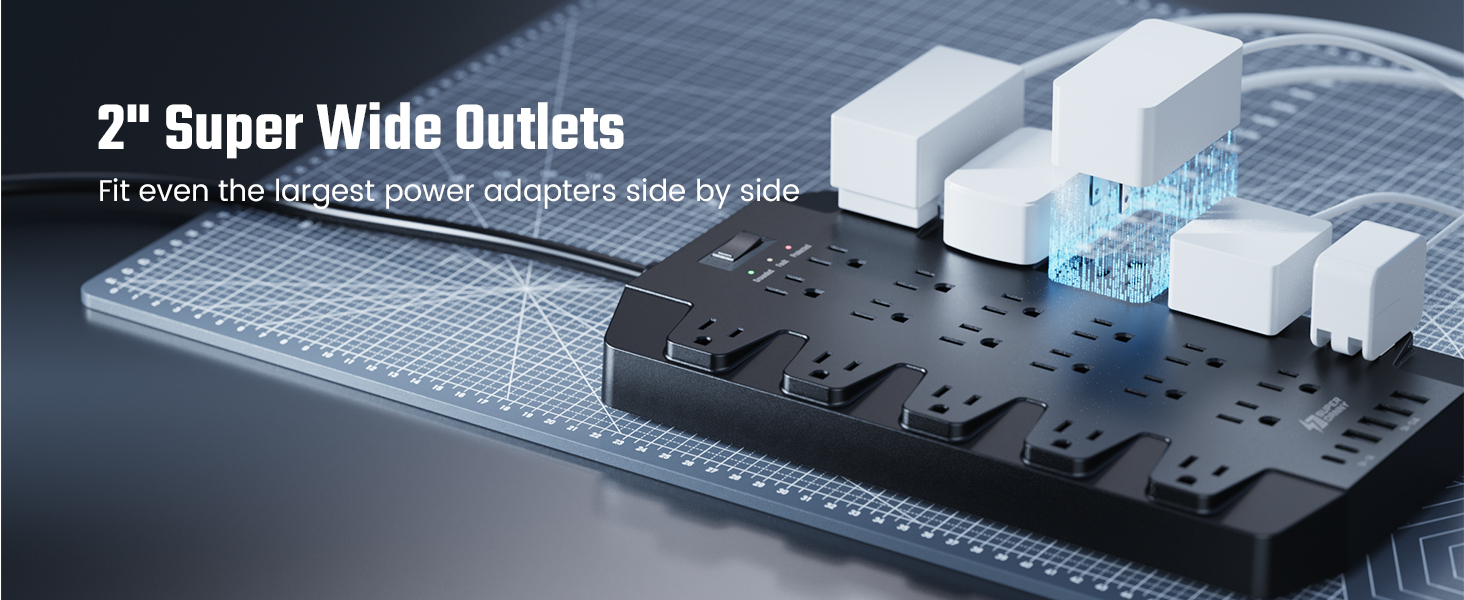 USB C Power Strip with 2" Super wide spaced outlets 