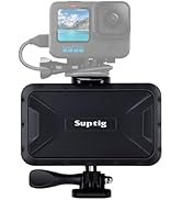 Black rectangular camera mount with 'Suptig' branding. Features a GoPro-style attachment on top, displaying a mounted action camera with a visible screen showing a mountain landscape.