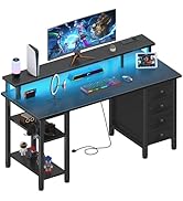 Lufeiya Gaming Desk with LED Lights and Power Outlets, 47 inch Computer Desk with Fabric Drawers ...