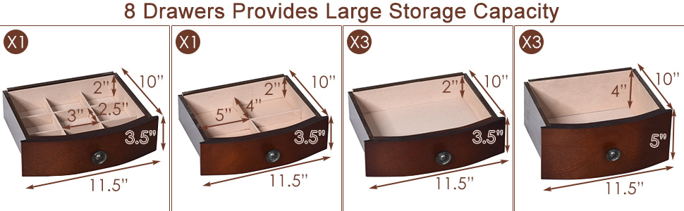 Large Jewelry Armoire Cabinet with 8 Drawers & 2 Swing Doors 16 Hooks Top Mirror Boxes