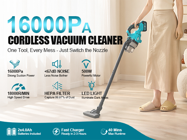 Cordless vacuum cleaner with 16000Pa suction