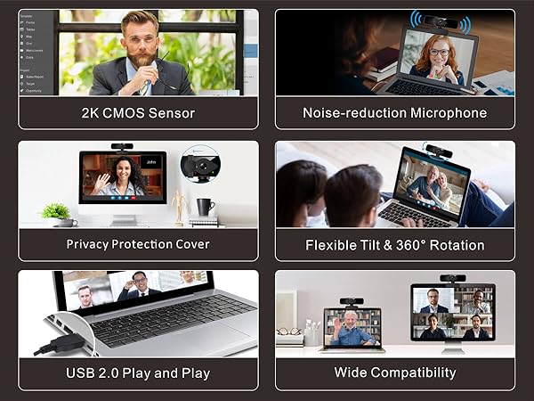 2K Webcam Computer Camera with Six Key Features, suitable for online meetings and video calls
