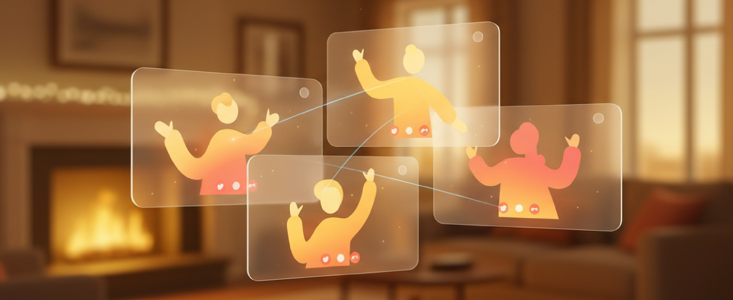 Transparent screens with stylized figures in a virtual meeting, against a blurred cozy room.