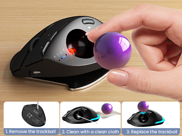 Wireless Trackball Mouse, Ergonomic Bluetooth Rechargeable Computer Mouse-Purple Ball