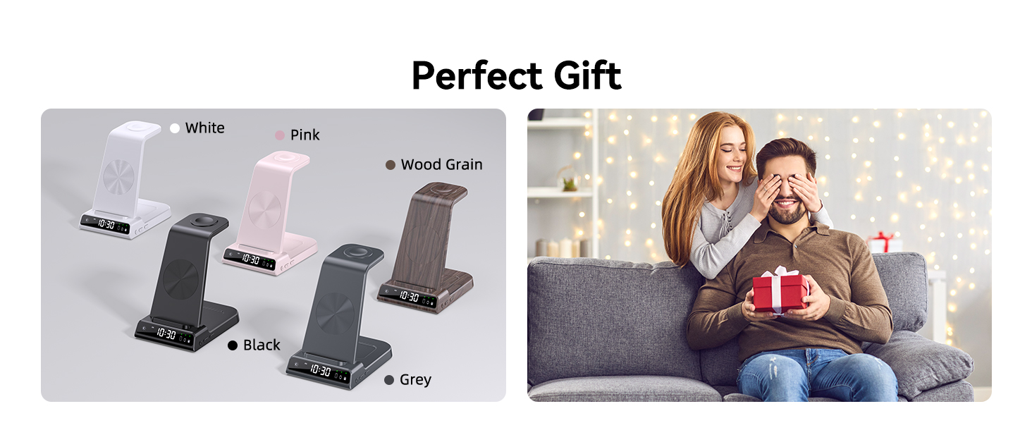 Text reads 'Perfect Gift'. Split image showing product color options in gray scale and a cozy indoor gift-giving scene.