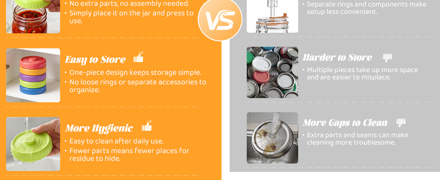 Silicone fermentation lid comparison: one-piece rust-free lid vs traditional metal ring lid.