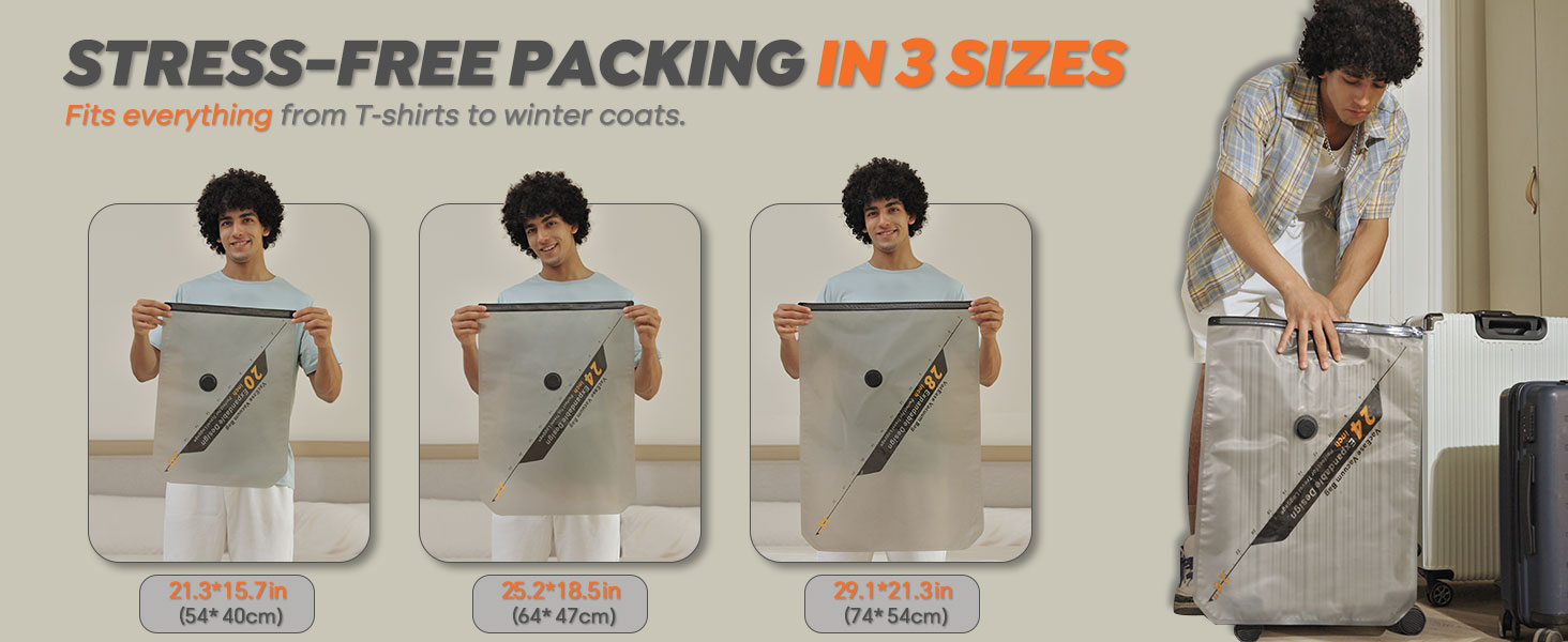 Text reads 'STRESS-FREE PACKING IN 3 RULES'. Step-by-step demonstration of vacuum storage bag usage, showing folding and compression process.