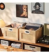 LELELINKY 2 Pack Vinyl Record Storage Crates, Rattan Vinyl Record Holder with Handle, Natural Woo...