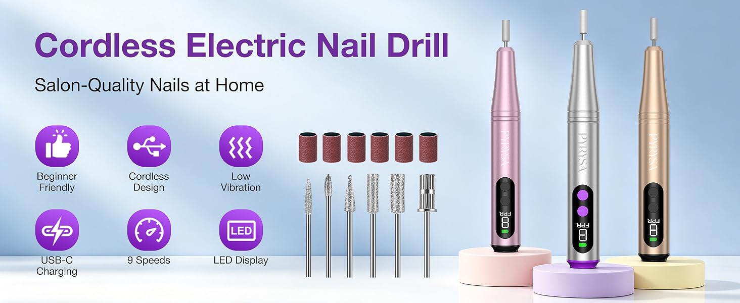 PYRYSA Salon-Quality Electric Nail Drill File Cordless Beginner Friendly Manicure Pedicure Tool Kit