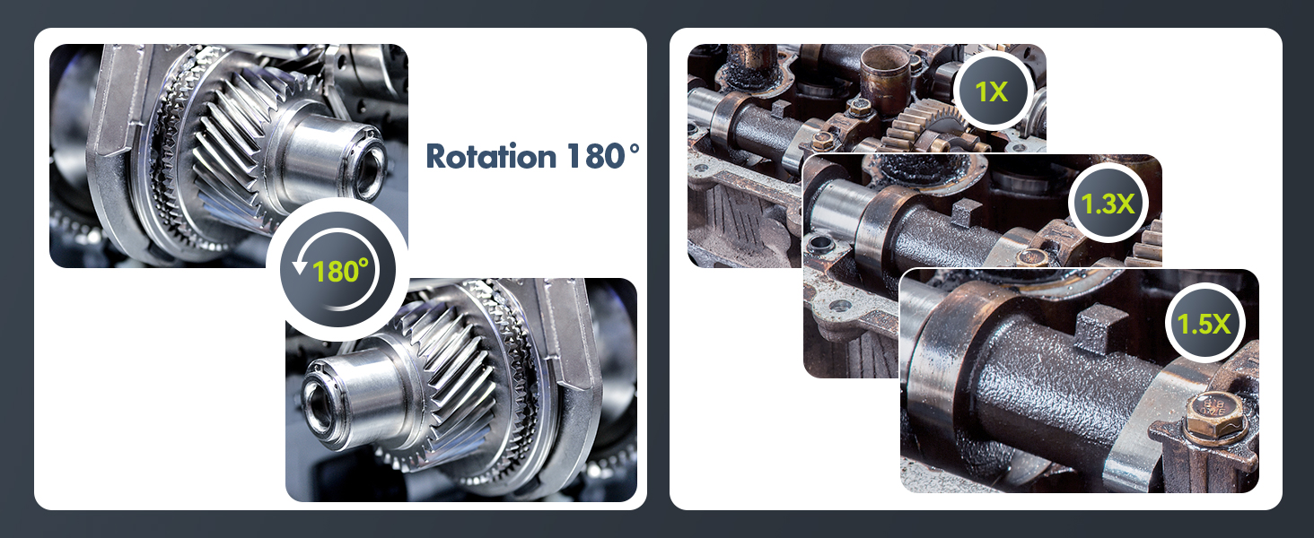 Mechanical parts diagram showing 180-degree rotation capability and 1.5x magnification of gears and shafts in an industrial mechanism.