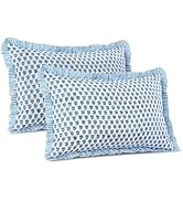CPC Apatite Blue 100% Cotton Block Print Ruffle Sham Cover 20X30 inch Pack of 2, Handmade Boho Fl...