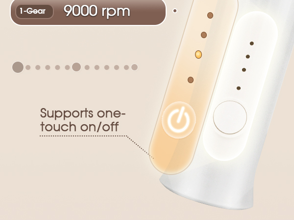 Text reads '9000 rpm' and 'Supports one-touch on/off'. White and beige wireless electric device with control button and dotted pattern indicator on surface, shown from multiple angles.