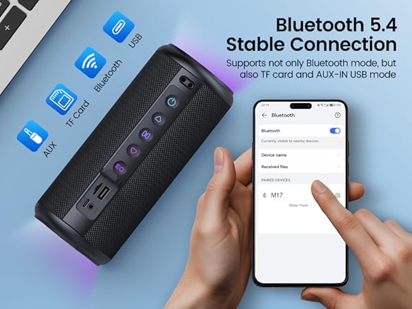 Text reads 'Bluetooth 5.4' and 'Stable Connection' with note about Bluetooth inside but not outside. Black portable speaker with smartphone displaying connection interface.