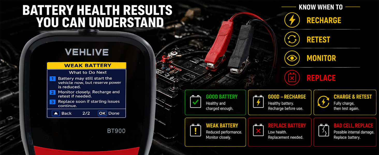 BT900 battery health test results with next step guidance