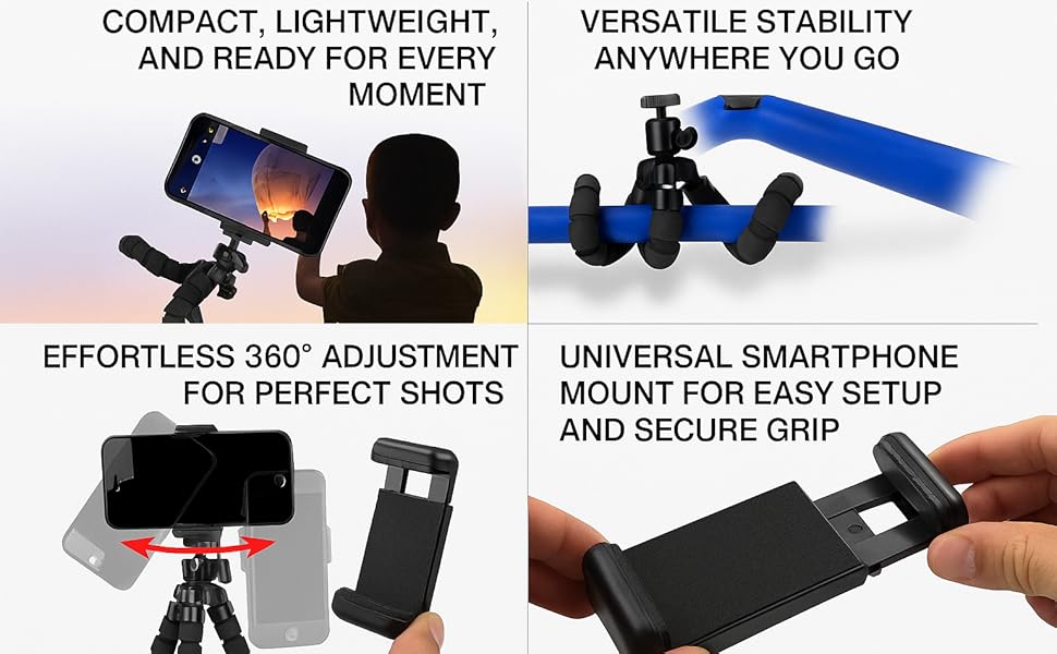 Trípode flexible para smartphone con diseño compacto, ajuste 360° y soporte universal seguro