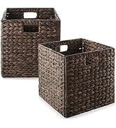 Casafield 12" x 12" Water Hyacinth Storage Baskets, Espresso - Set of 2 Collapsible Cube Organize...