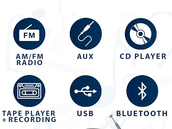 Text reads 'FM', 'USB', 'BLUETOOTH', 'AM/FM RADIO', 'AUX', 'CD PLAYER', 'TAPE PLAYER + RECORDING'. Icons showing various audio input and playback options for an audio device.