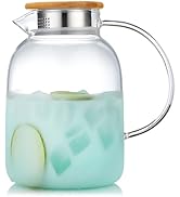 Glass Pitcher with Handle and Lid, Unbreakable 68 fl oz Glass Jar with Lid, Heat Resistant Borosi...