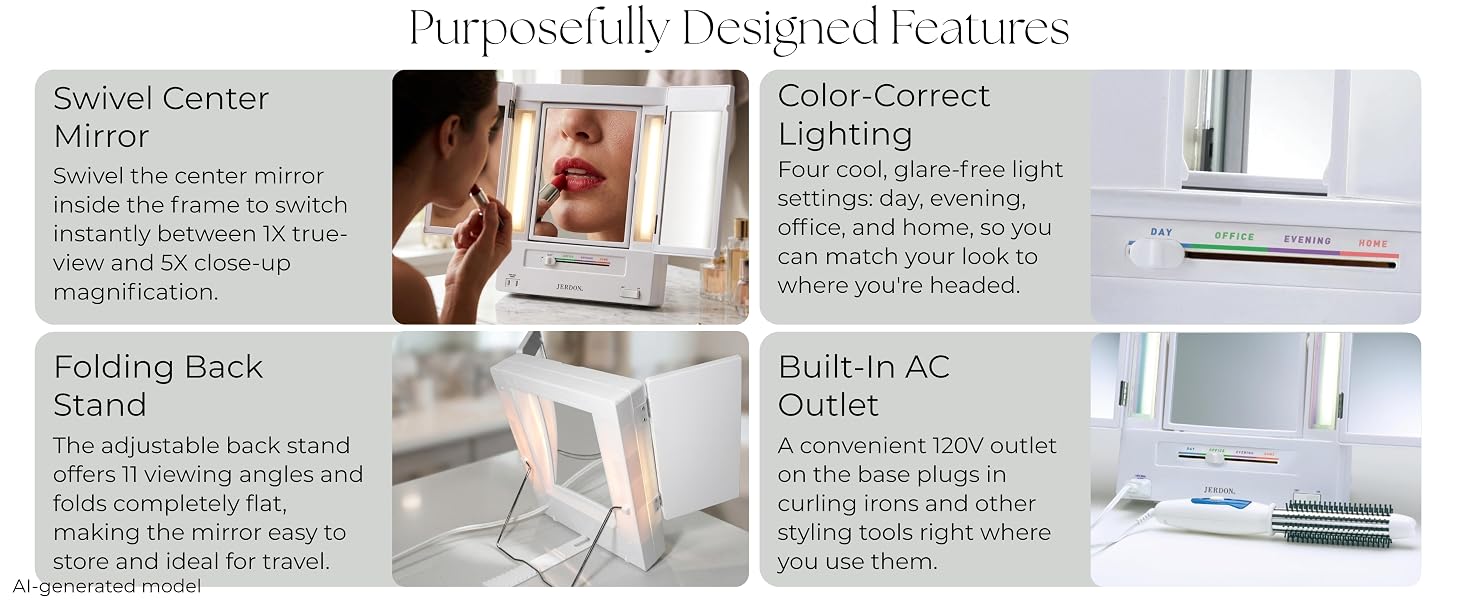 features included swivel center mirror, folding back stand, 4 light modes, and ac outlet
