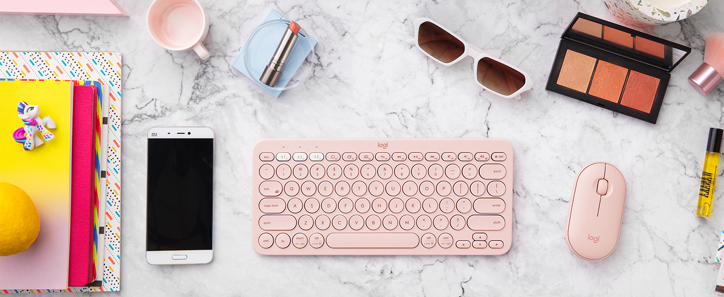 K380 keyboard and Pebble M350 mouse in pink