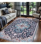 Ciicool 3x5 Washable Blue Rug Boho Floral Non-Slip Bedroom Rugs for Entryway Throw Rug Soft Low-P...