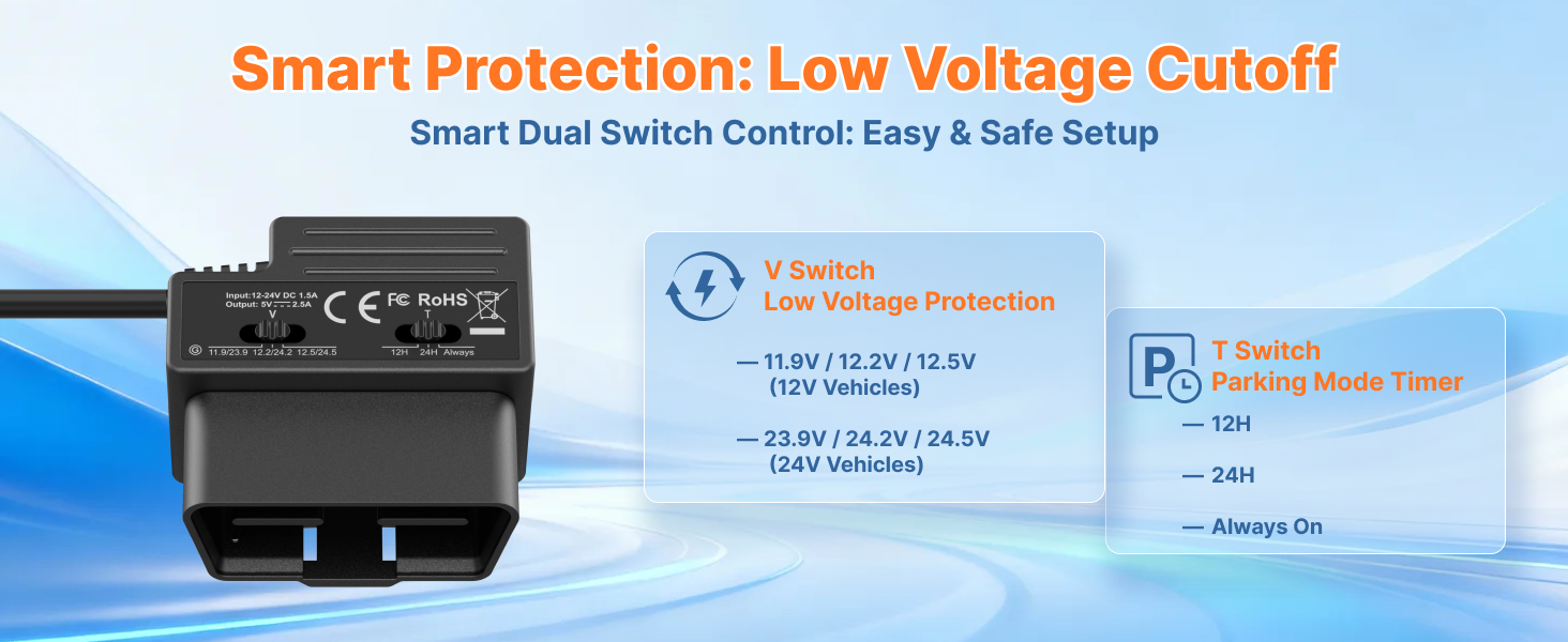 OBD2 Dash Cam Power Lead, Low Voltage Protection, Battery Drain Prevention