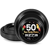 LANLISA 50 Pcs Black Plastic Plates For Party, 25-9" &amp; 25-7" Disposable Cake Dessert Plates For B...
