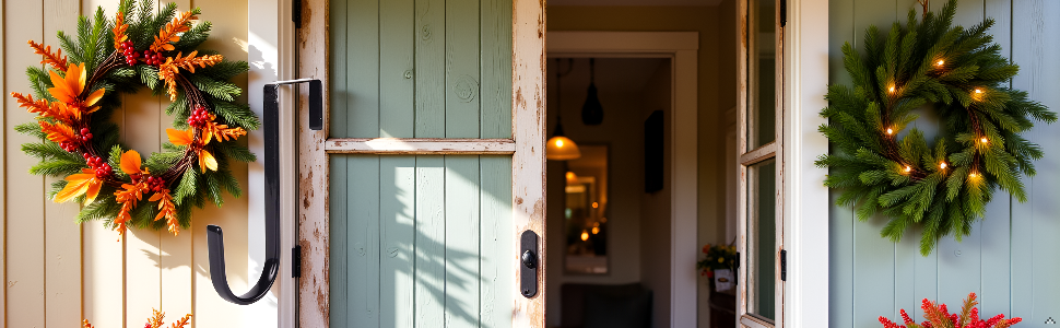 A cozy front porch with a rustic wooden door, showcasing the product hanging elegantly.