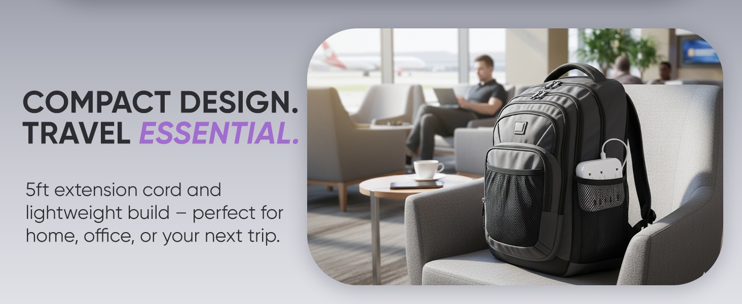 5 ft extension cord and ;lighweighjt build, perfect for home, offivce or your next trip