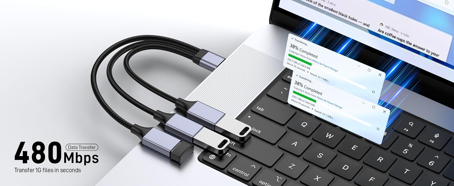 Text reads '480Mbps'. Close-up of a computer keyboard with USB ports and connection indicators visible, showing data transfer capabilities.
