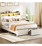 Yoobure Queen Bed Frame with Headboard, Bed Frame Queen Size with Charging Station, LED Beds with...