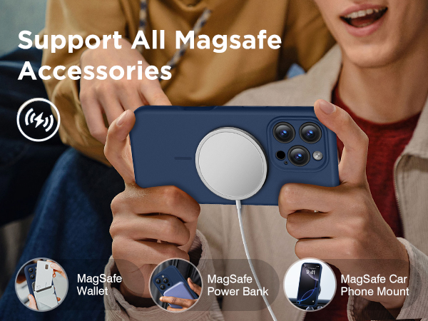 Text reads 'Support All Magsafe Accessories' with circular logo. Person holding dark blue phone case with white circular MagSafe ring. Four accessory icons shown below: MagSafe Wallet, MagSafe Stand, MagSafe Car Mount, MagSafe Pop.