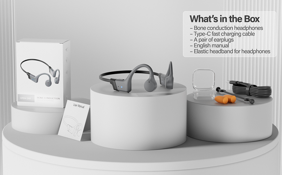 Bone conduction headphones package: headset, charging cable, earplugs, accessories