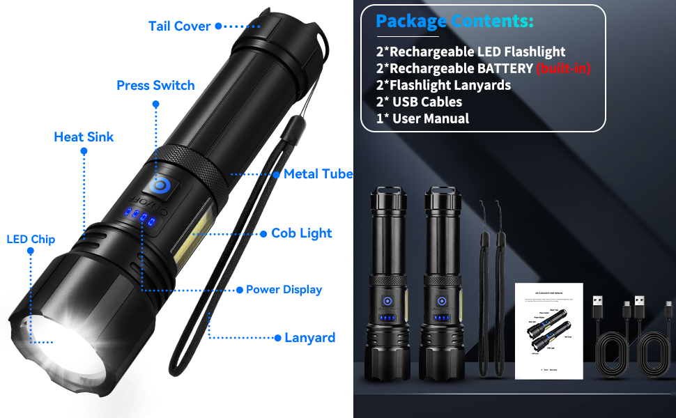 Rechargeable Flashlight High Lumens Flashlights, 900000 Lumen Super Bright LED Flash Light