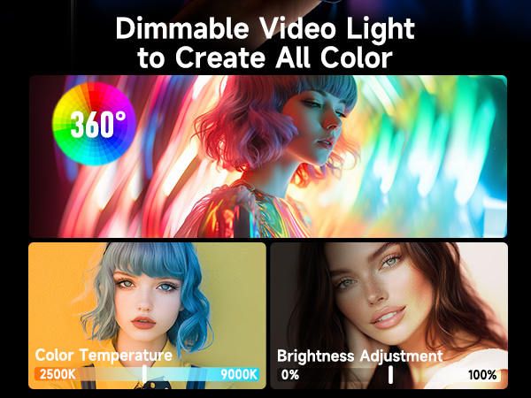Dimmable video light with 360-degree rotation, adjustable color temperature from 3200K to 5600K, and brightness control from 0% to 100%.