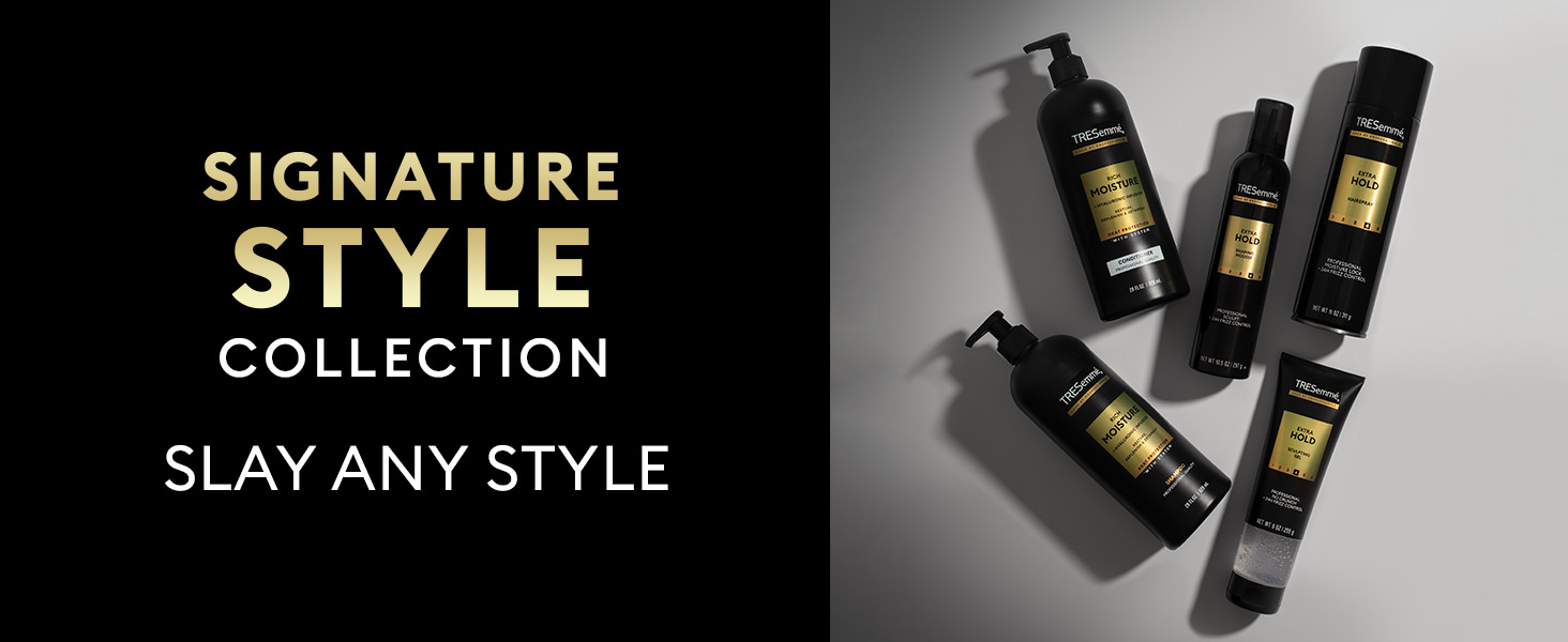 Text on a black backdrop next to TRESemmé black bottles with green labels on a sleek white surface.