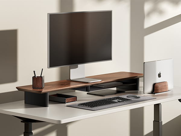 home office workspace wood vertical laptop stand holder walnut desk