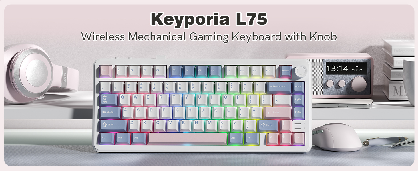 Keyporia L75 wireless mechanical gaming keyboard with RGB backlighting and a control knob