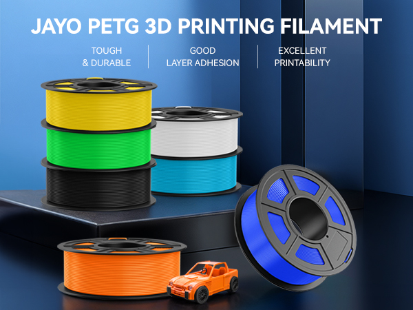 Colored spools of 3D printing filament in yellow, green, white, black, blue, and orange. Small orange car model shown as example print.